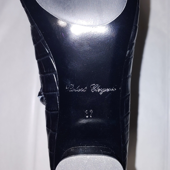 CLERGERIE Croc Leather Ankle Boots Metal Block Mid heel Black Booties Size 6.5 - Picture 16 of 16